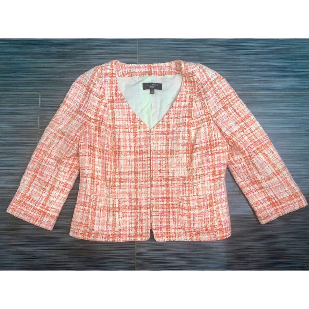 NEW Talbots Pink Orange Tweed Two Pocket Blazer Jacket Open Front Size 6 P